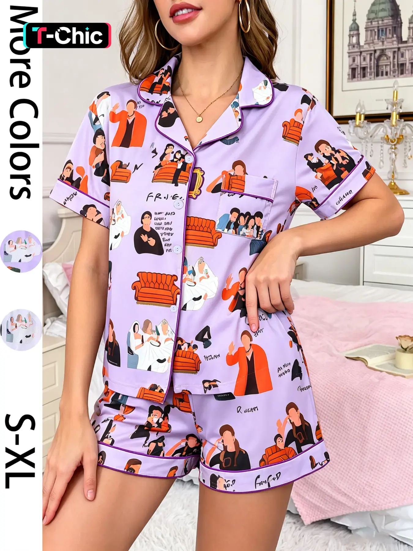 Women's 2-piece pajama set, Casual pajama set, Loungewear, Pyjamas with purple base, full-body cartoon character pattern print, short sleeves, shorts, soft top with small pockets, lapel design, elastic waistband, nightwear and homewear