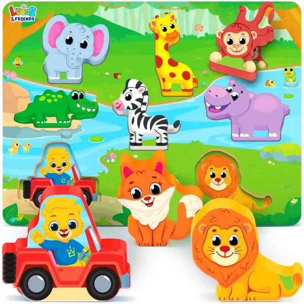 Lucas & Friends Montessori Wooden Wild Animal Shape Puzzle - Toddler Learning Toy with Elephant, Lion & More, Montessori Puzzles Gift for Ages 2-4