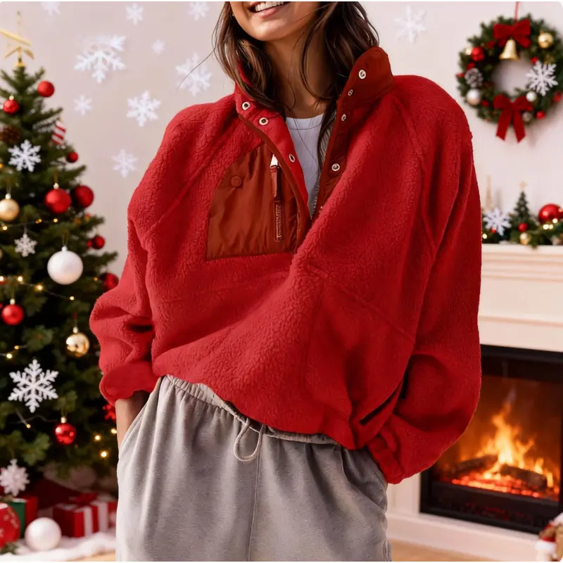 Women's Loose Longsleeve Outerwear Top - Lightweight Polyester Cropped Fleece Pullover Jacket with Button, Fuzzy Sherpa Sweatshirt Coat with Pockets for Fall, Winter