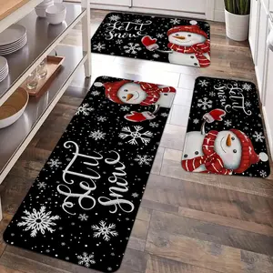 2/3pcs Christmas kitchen floor mat, red hat wearing snowman and snowflake patterned carpet, Home Decorative Rug, easy to clean, non slip, anti fatigue floor mat, suitable for kitchen, dining room, bedroom entrance and laundry room floor mat set