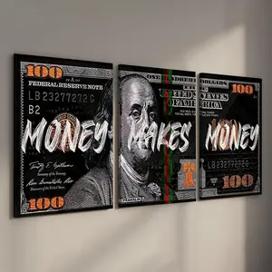 Wooden Framed Money Makes Money Canvas Posters 3 Counts Set Inspirational Dollar Bill Pop Art Wall Decor for Living Room Bedroom Office Dorm Waterproof Ready To Hang Perfect Gift