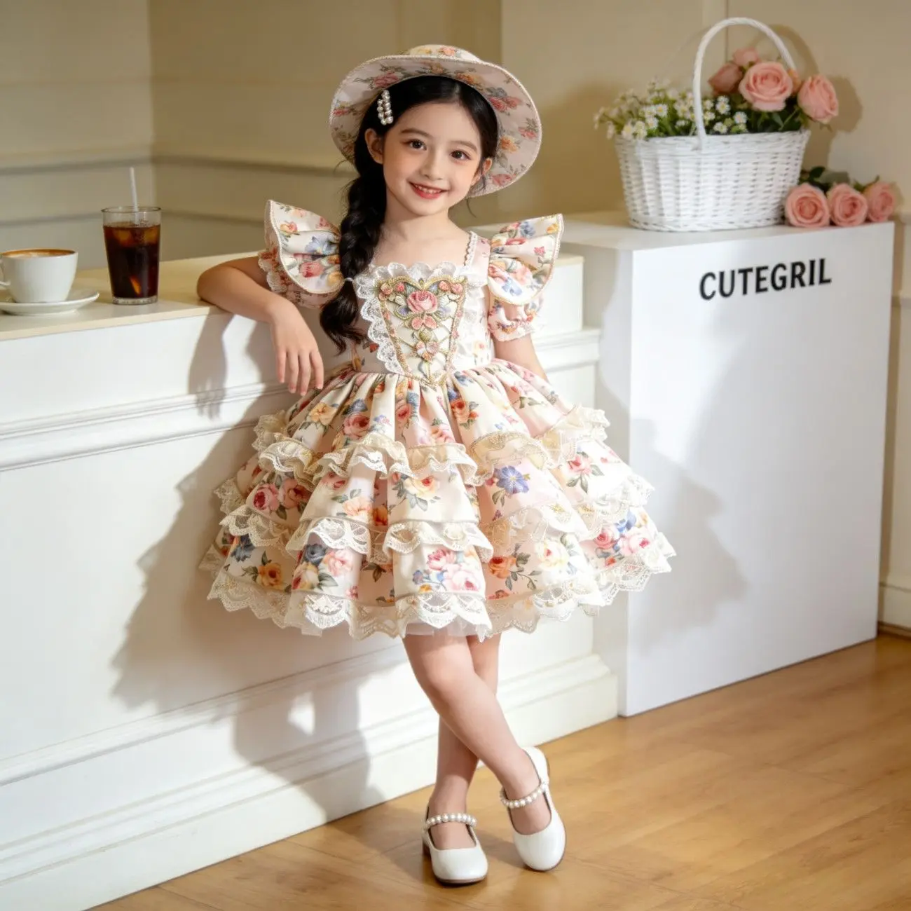 Girls’ Dress – French Country Style Floral Princess Dress, New Summer Design with Lace Trim, Puff Dress for Little Girls’ Outings Floral Print Dress Toddler Floral Dress