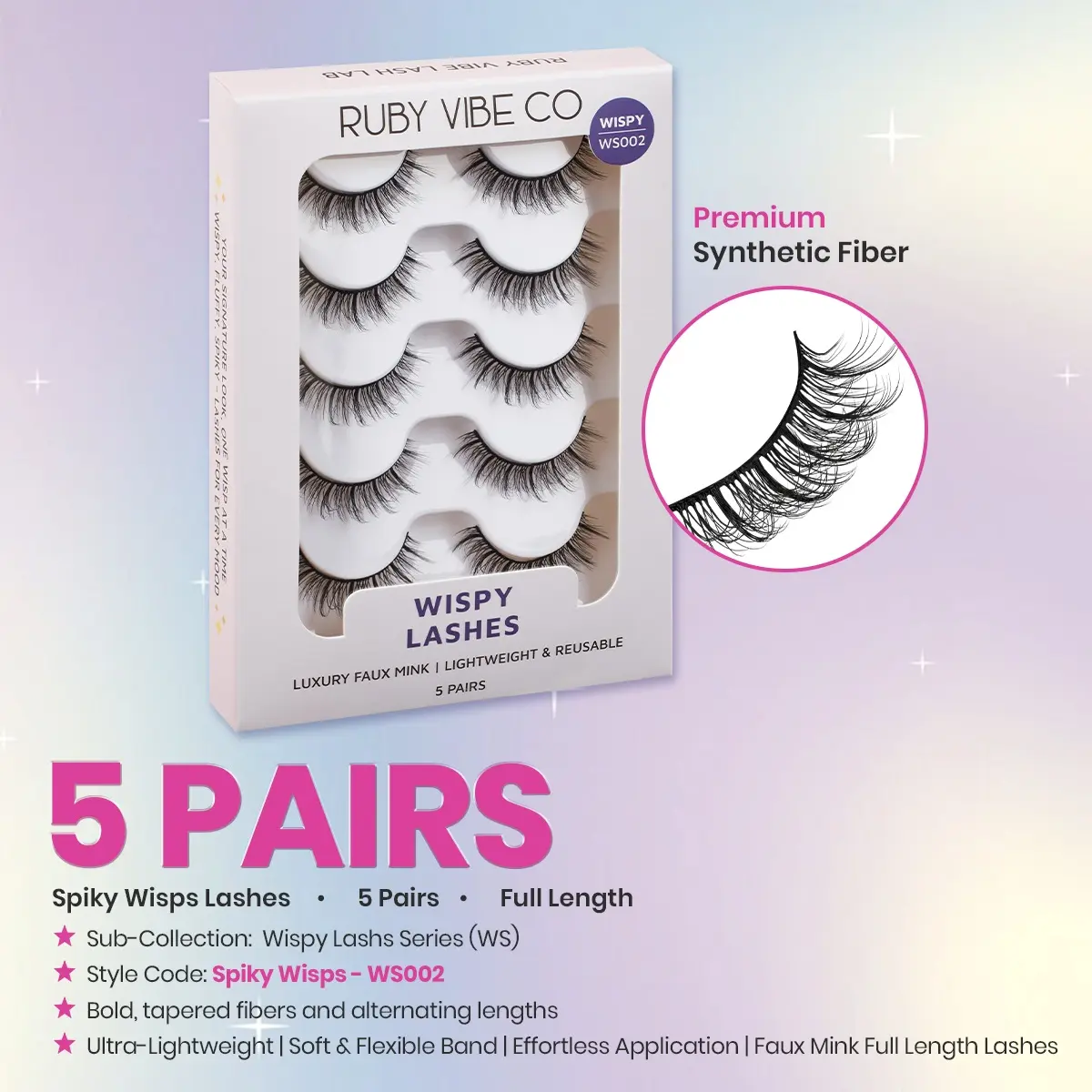 [RUBY VIBE CO] Spiky Wisps WS002 Lashes Bold Tapered Fibers Alternating Lengths Ultra Lightweight Soft Flexible Band Effortless Application 5 Pairs Faux Mink Full Length