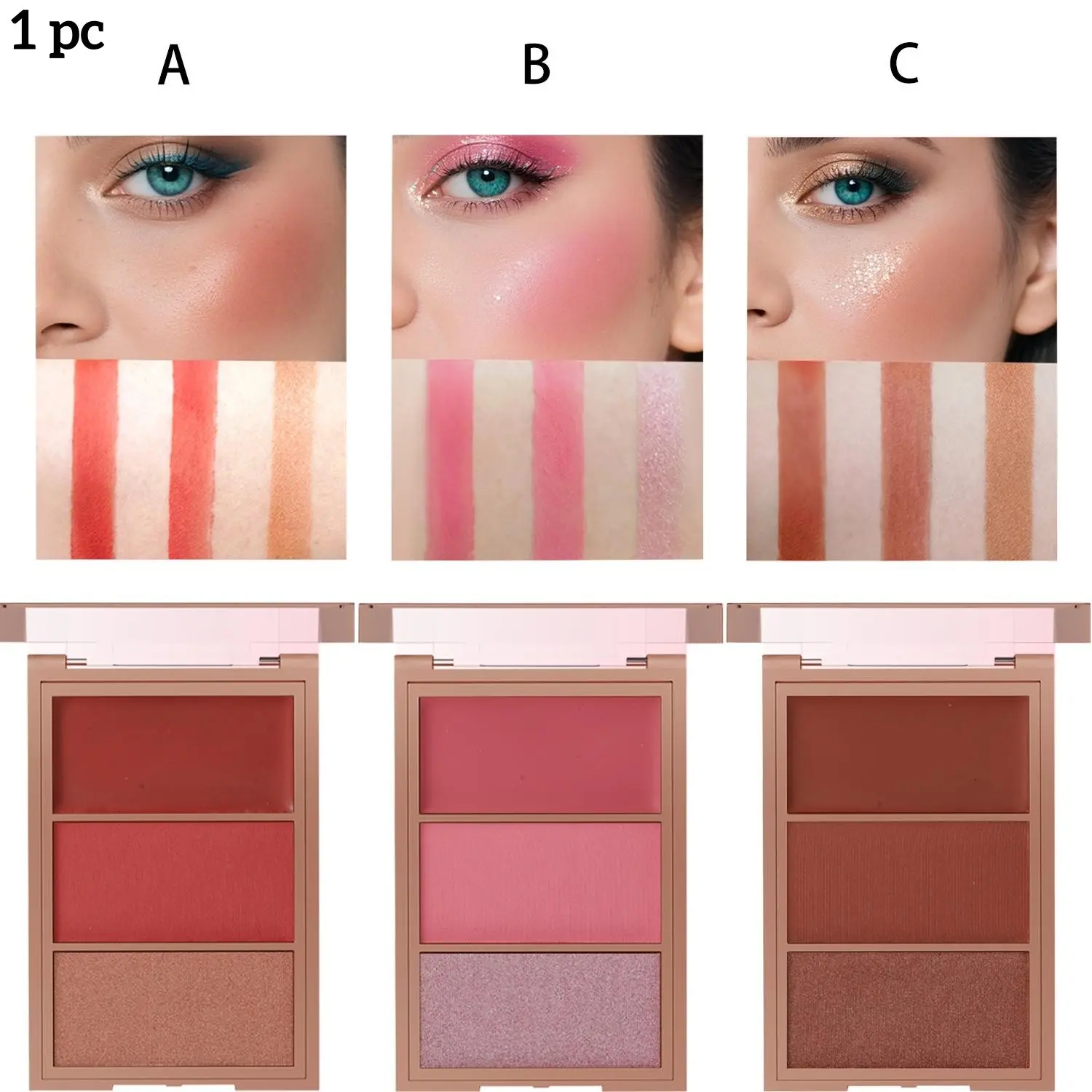 3-in-1 blusher red plate, Everyday Cosmetics Makeup, durable, natural, easy to apply, waterproof, smooth and matte texture to create a perfect makeup Beauty Cosmetics Palette