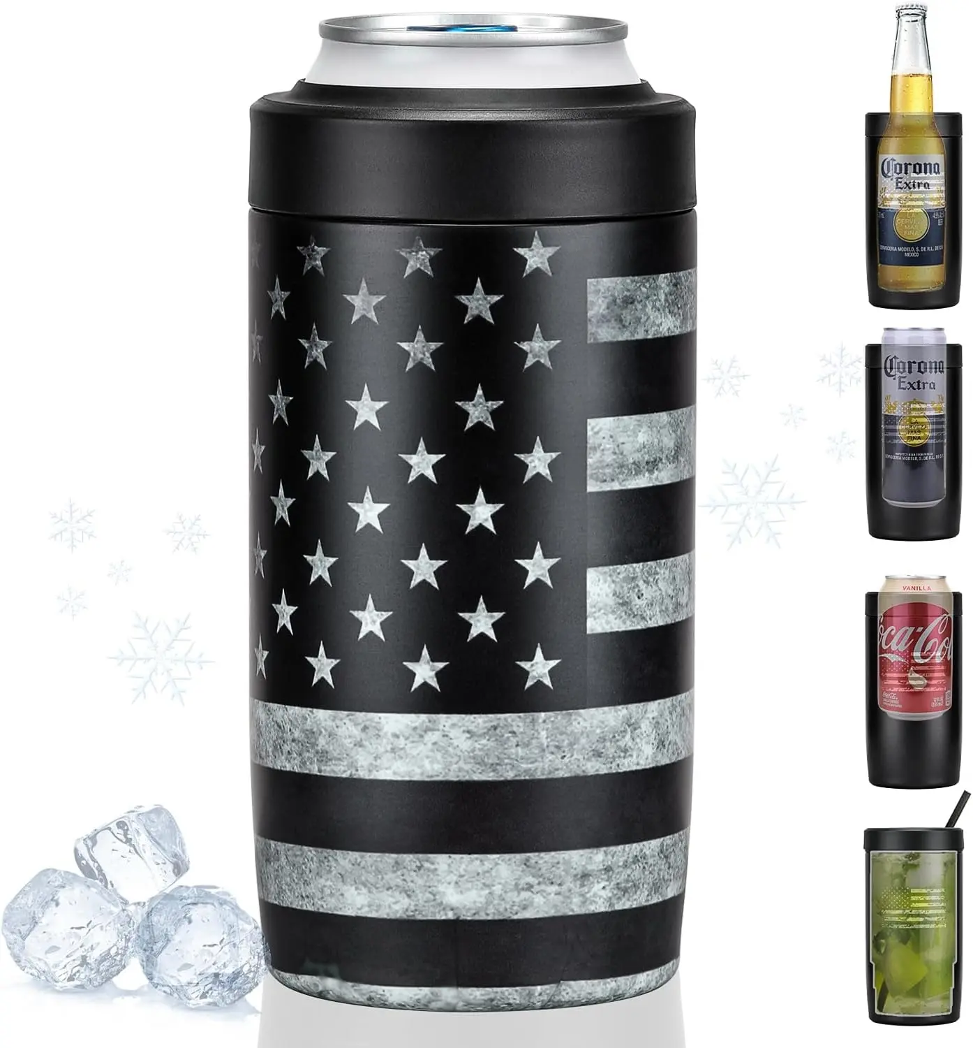 4-in-1 Design Multi-Use Lightweight Slim Can Cooler - Hand Wash, Easy-to-Hold Insulated Drink Accessory, Double-Walled Stainless Steel Holder for 12 Oz/11.64 fl oz Cans, Mugs & Camping Water Bottles, Black American Flag Design 2, Outdoor Events, Slim Shap