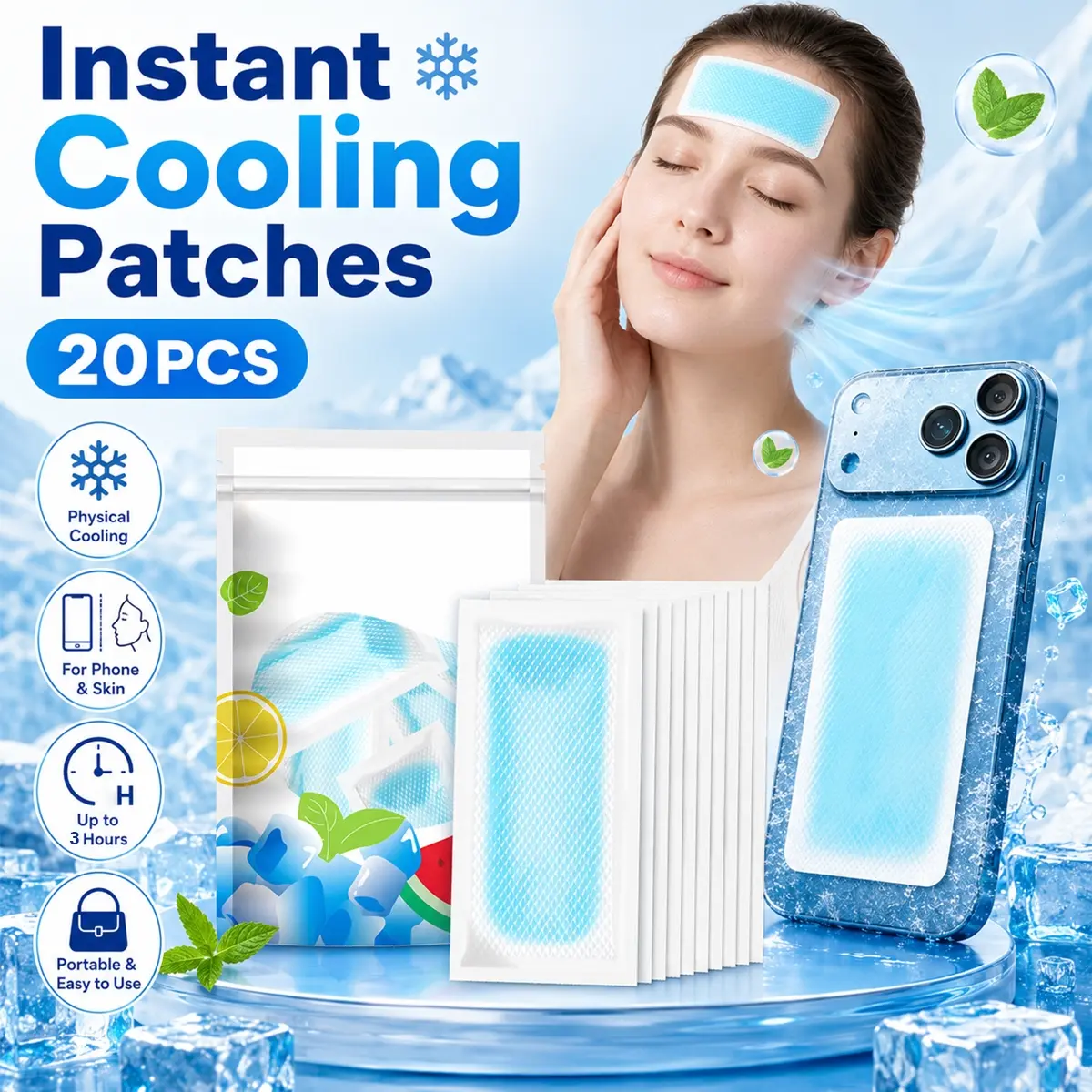 20Pcs Instant Cooling Patches Summer Hydrogel Style, Disposable Gel Ice Pads for Forehead Neck Body and Phone Cooling, Soft Skin-Friendly Portable Cool Pack for Outdoor Activities, Camping, Hiking, Sports, Travel and Hot Weather Comfort Relief