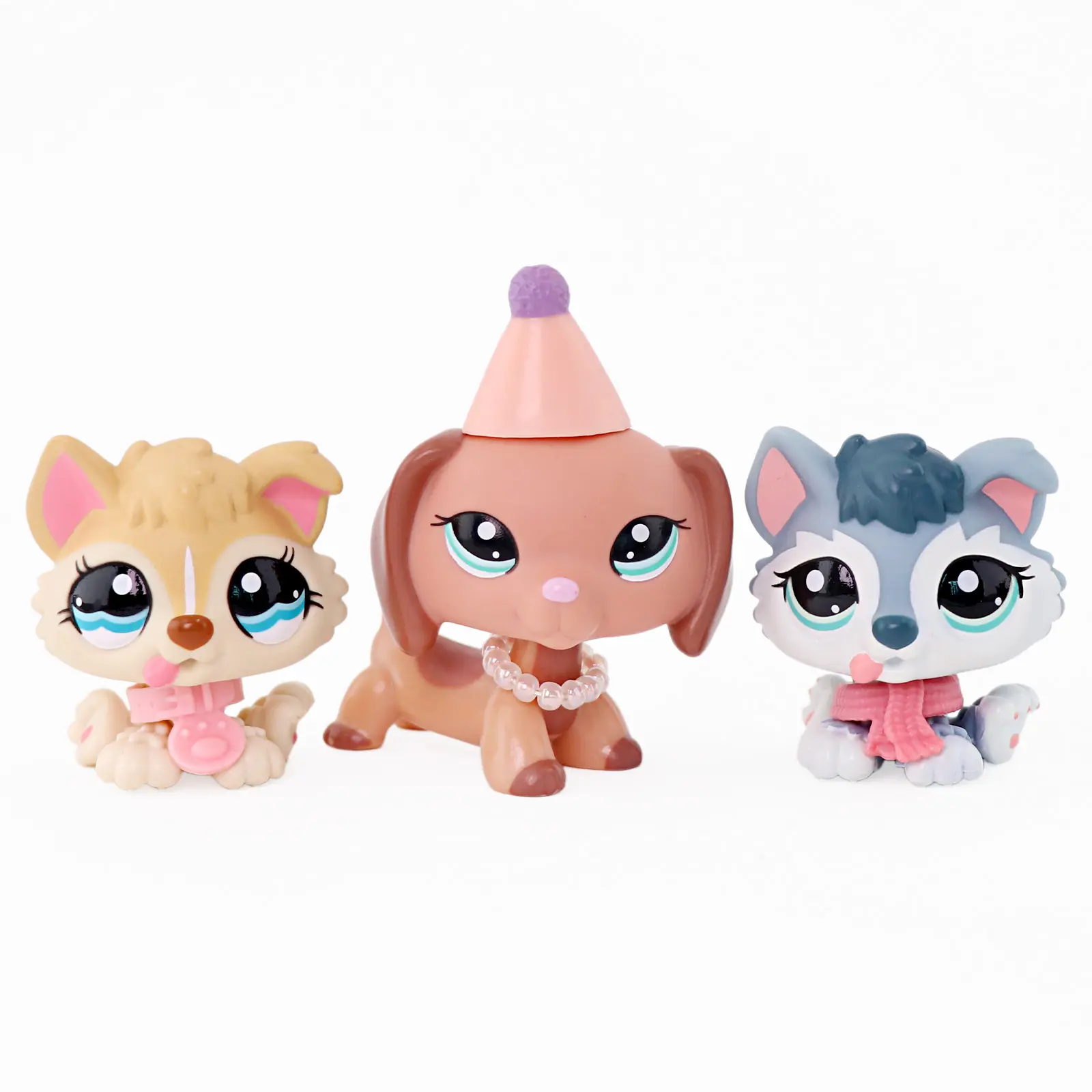 3 Pcs Mini Cartoon Pet Figurines Set, Big Eye Husky Kitten & Dachshund Dog Figures with Party Hat, Pearl Necklace, Scarf Collar Accessories, Collectible Mini Animal Toys, Cake Toppers, Desk Decor Kids Birthday Gift