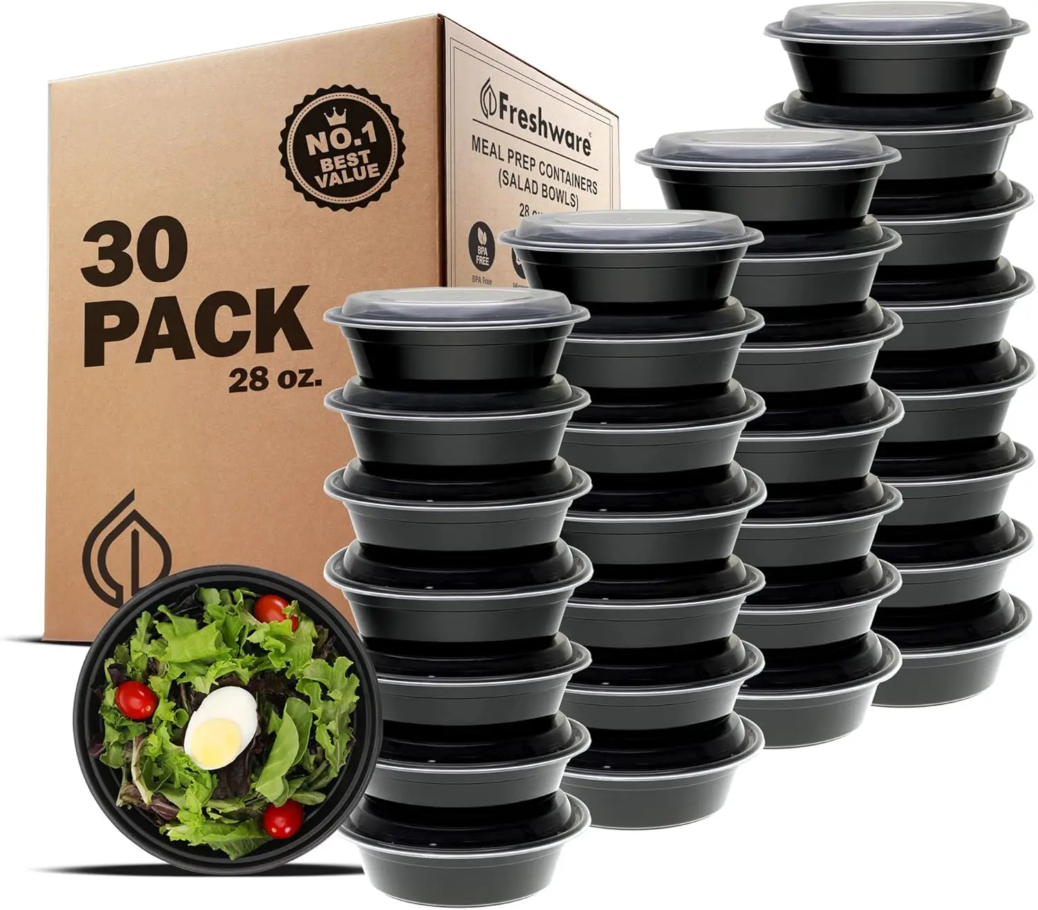 FRESHWARE 28oz Durable Solid Plastic Airtight Food Storage Bowls (30 Pack) - Reusable Lids, BPA-Free, Food-Grade, Microwave/Dishwasher/Freezer Safe, Stackable Kitchen Preserving Supplies for On-The-Go Use