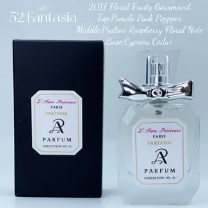 No.52 FANTASIA 2017 Floral Fruity Gourmand Top:Pomelo Pink Peppper Middle:Praline Raspberry Floral Note Base:Cypress Cedar Size: 30ML 1oz L’Aura Précieuse Women Long Lasting Oil Base Fragrance Parfume