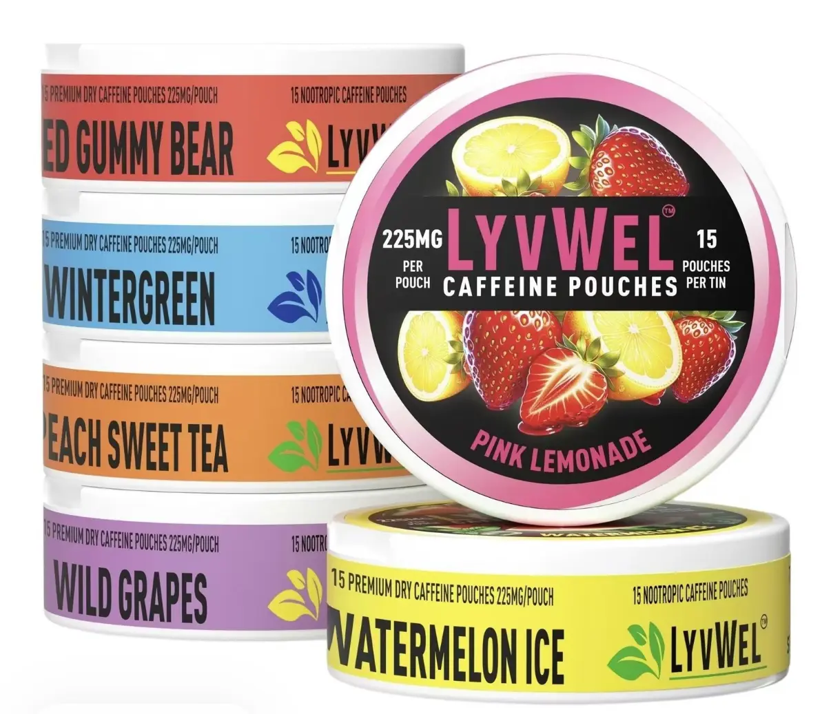 10 Pack Caffeine Pouches 225mg - 2 Pink Lemonade, 2 Wild Grapes, 2 Strawberry, 2 Watermelon, 2 Wintergreen Beverage energy Sugar-Free Sport Fruit Caffeine Energy Drink blueberry