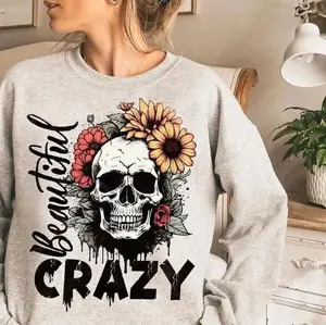 Beautiful Crazy Skull Sunflower Sweatshirt | Cute Skull Floral Graphic Crewneck | Aesthetic Unisex Pullover