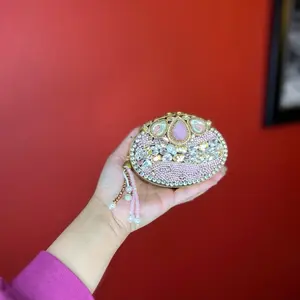 Blush Sultan Jewel Clutch - Elegant Pink and Gold Design with Rhinestones and Pearls for Special Occasions
