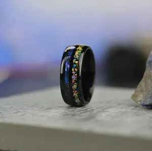 Natural Abalone Shell and Fire Opal Engagement Men's  Tungsten Carbide Ring