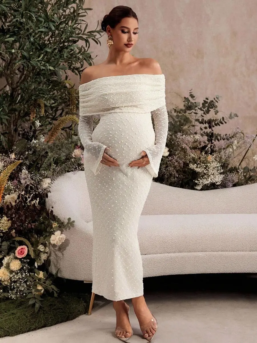 Solid Color Pleated Off Shoulder Long Sleeve Fitted Elegant White Dress,Pregnant Women Summer Baby Shower Pregnancy Photoshoot Dress Fall