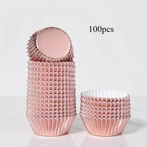 100pcs Rose Golden Aluminum Foil Paper Cake Liner Oil Resistant and Waterproof Cake Mold Cupcake Liner Paper Baking Cup Box Bakeware Suitable for Valentine's Day Birthday Parties Indoor and Outdoor Parties Baking Supplies