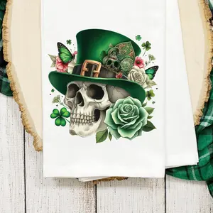 St Patrick's Day Printed Linen Napkin Tea Towel, Skull Skeleton, Housewarming Gift, Shamrock Irish Festive Irish Pride Kitchen Decor