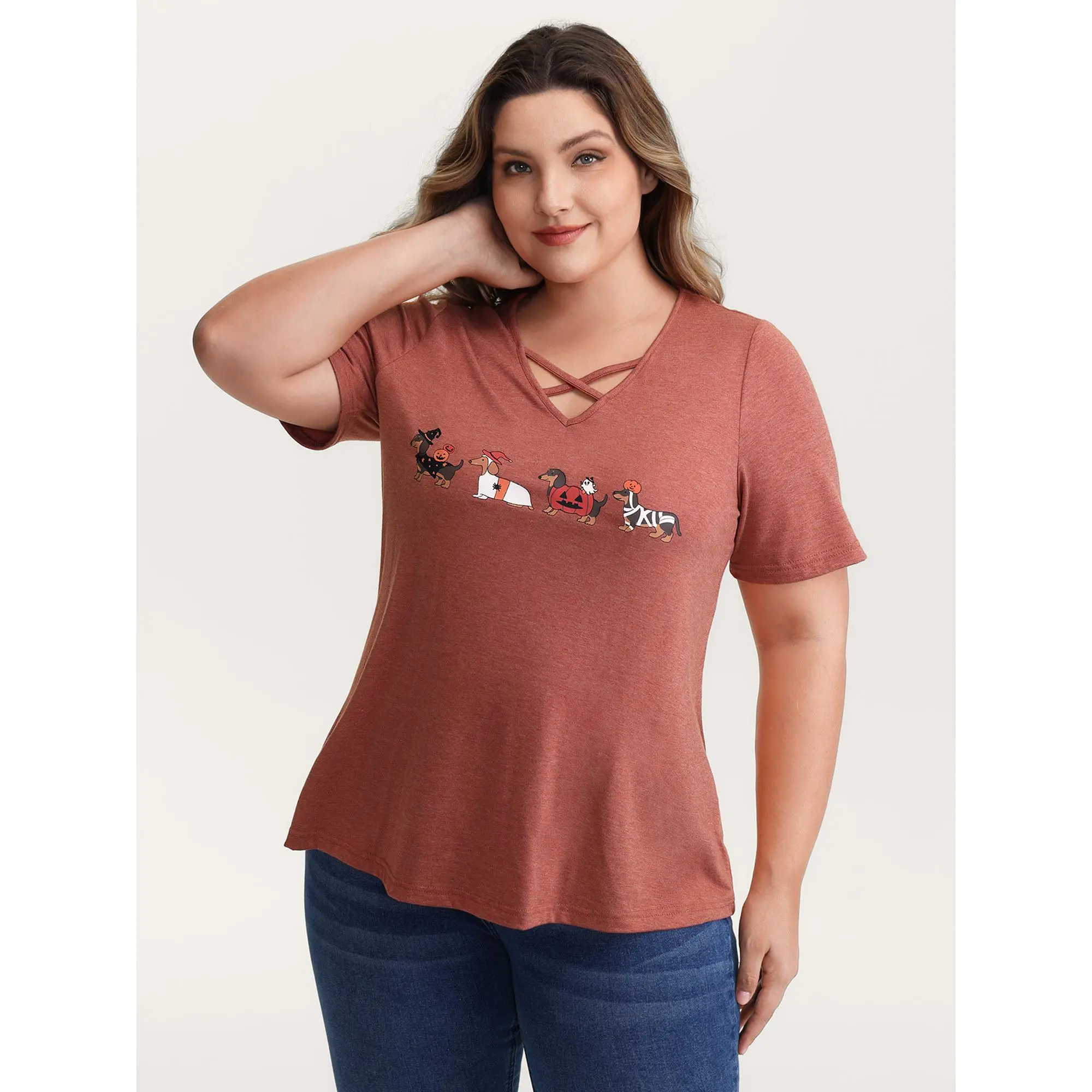 BloomChic Women's Plus Size (22–24 / 3X,26/4x,28/5x) Leopard Print V-Neck Short Sleeve Tshirt - Spandex-Rayon Blend, Crossover Cut-Out, Regular Fit, Regular Length Summer Casual Wear Top - Machine Washable, Low Iron, Do Not Tumble Dry