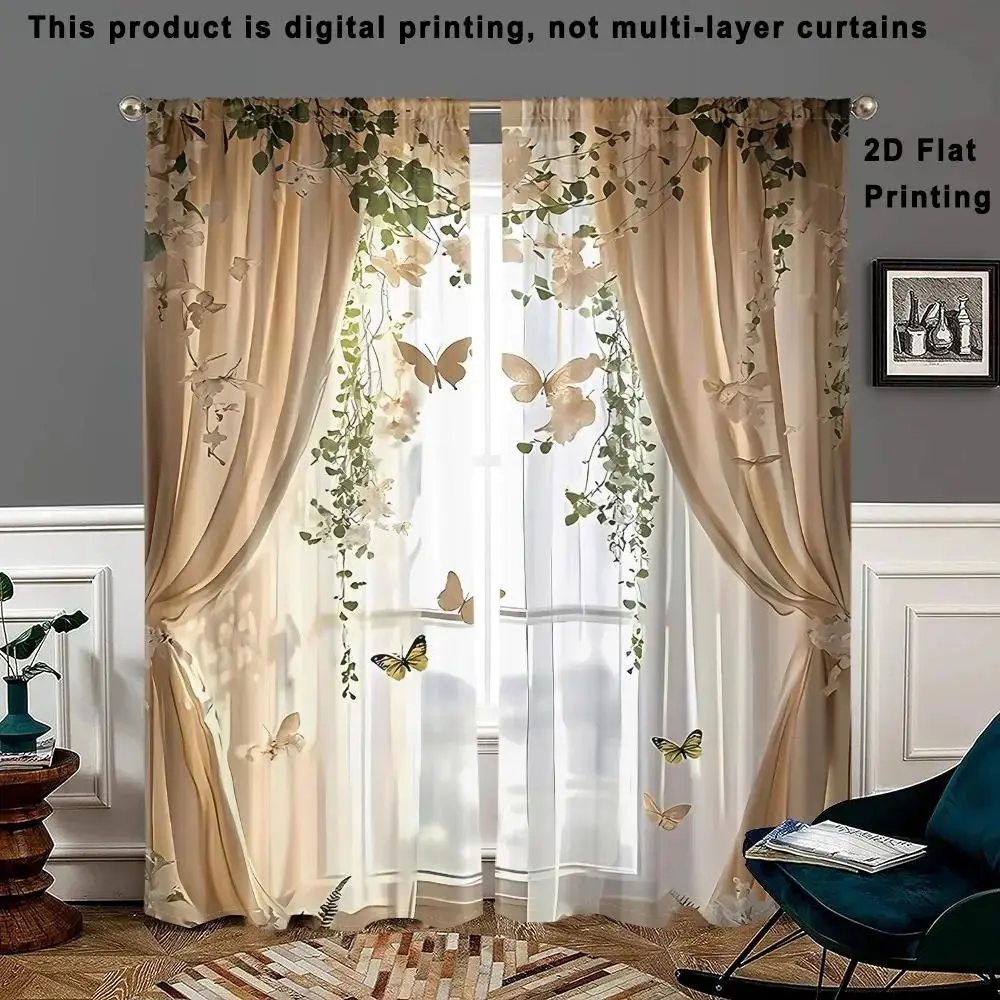 2 pieces of vine and butterfly fluttering pattern curtains, Home Decorative Curtain, Curtains floral, semi-transparent privacy protection, fade-resistant, hand/machine washable, suitable for bedroom and living room, Semi Sheer Curtain
