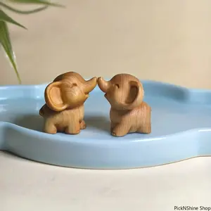 2pcs Hand-Carved Wooden Elephant Figurine Set - Decorative Animal Sculpture Ornament, Home Decoration Accessory Set