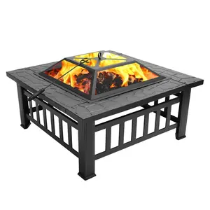 【Summervibes】32"Iron Brazier Burning Fire Pit, Square Decorative Metal Brazier with Mesh Lid & Tongs, Poolside Party Brazier for Backyard BBQ Gatherings Warm Poolside Party Brazier