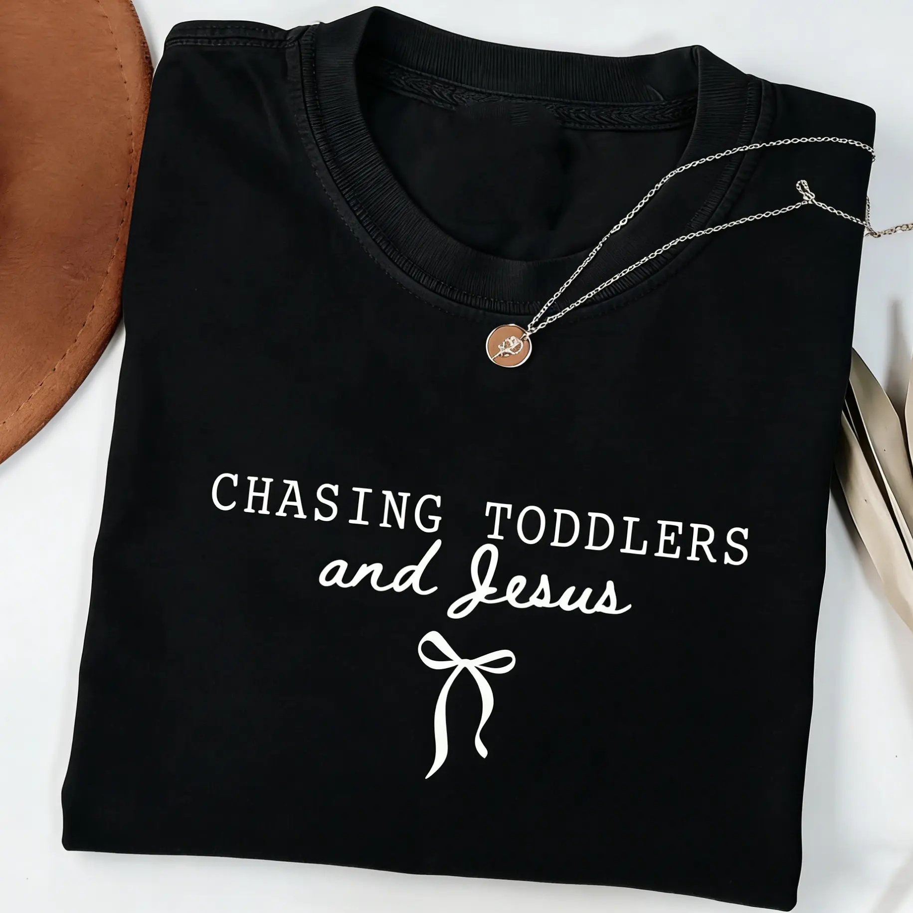 Chasing Jesus and Toddlers Coquette TShirt,Christian Teacher T-Shirt, Aesthetic Faith Based Bow Tee, Christian Mom Gift, Beachy Tee,Teacher Tee