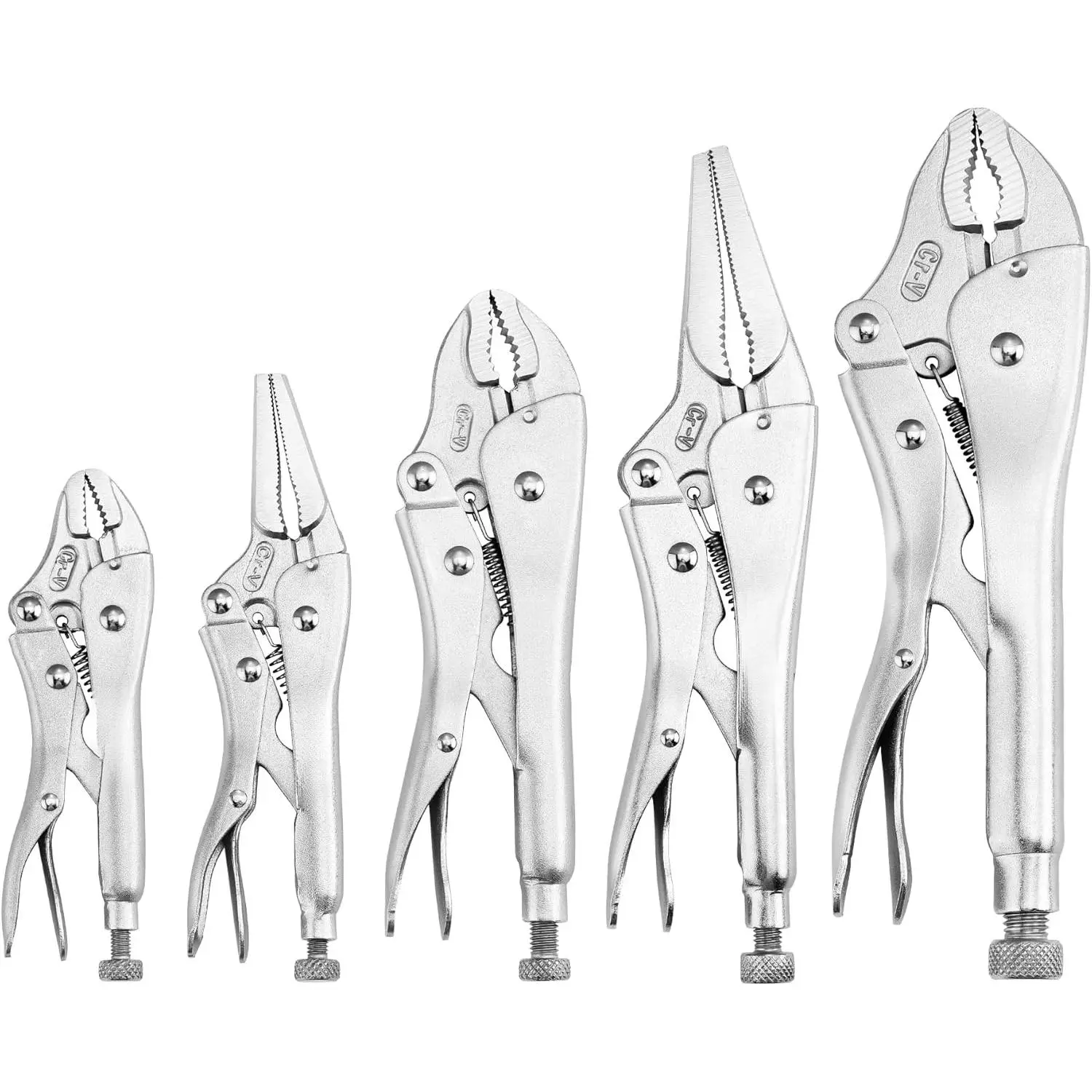 5-Piece Locking Pliers Set, Pliers Tool Set, Vice Grips with Chrome-vanadium Steel, 5/7/10 inch Curved Jaw Pliers, 6.5/9 inch Long Nose Pliers