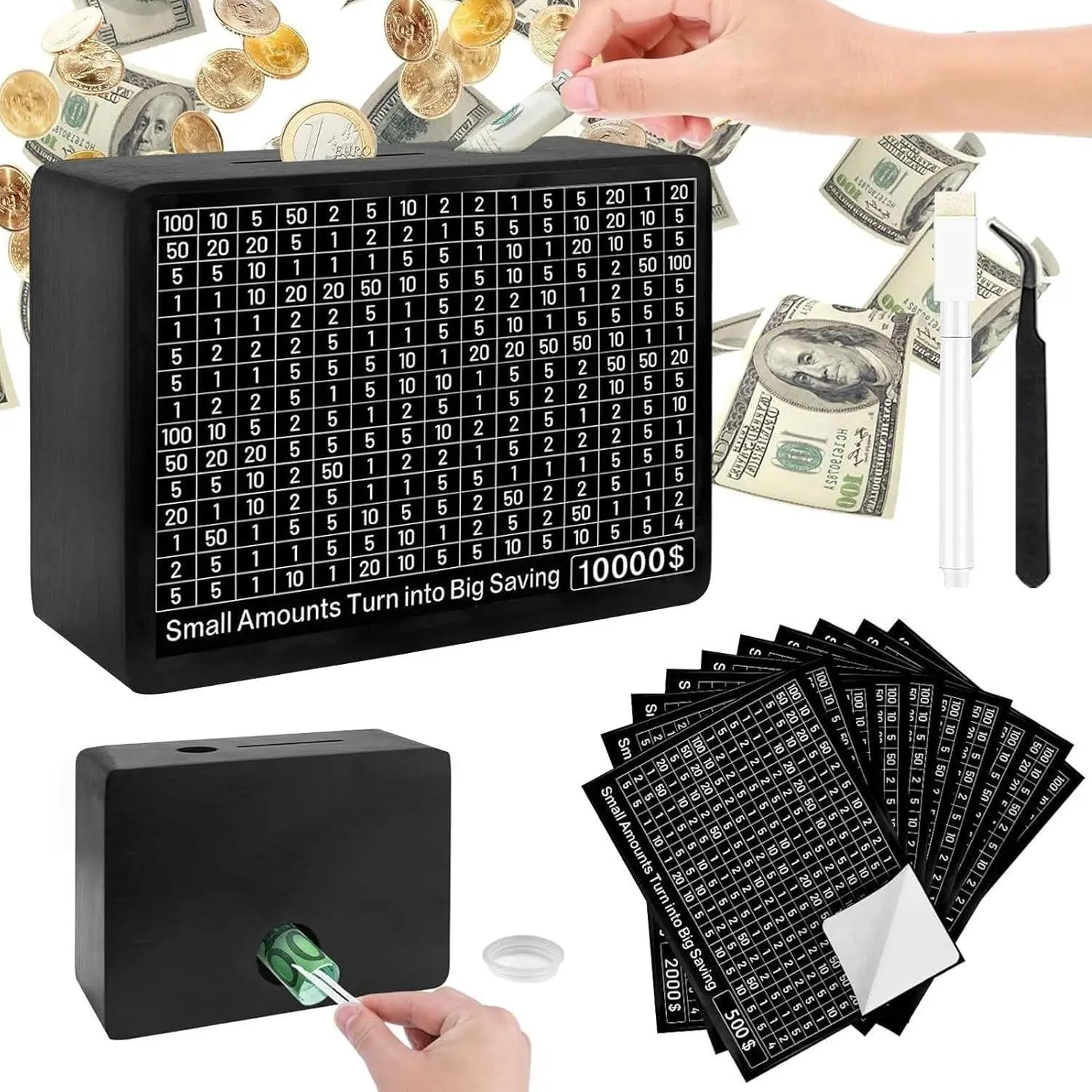 Wooden Money Savings Box with 10 Saving Targets, Creative Coin Bank with 10000, 5000, 4000, 3000, 2000, 1000, 800, 500 Dollar or Euro Goals, Home Storage Organizer for Loose Change, Saving Challenge Box, Cash Coin Jar