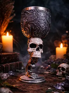 The Armored Kingdom Final Toast of Valor Skull Goblet - 7oz Medieval Gothic Resin & Stainless Steel Stemless Wine Glass, Vintage Embossed Goblet with Armor Detail, Scroll & Crown Keychain Drinkware, Vintage Embossed Goblets Tumblers