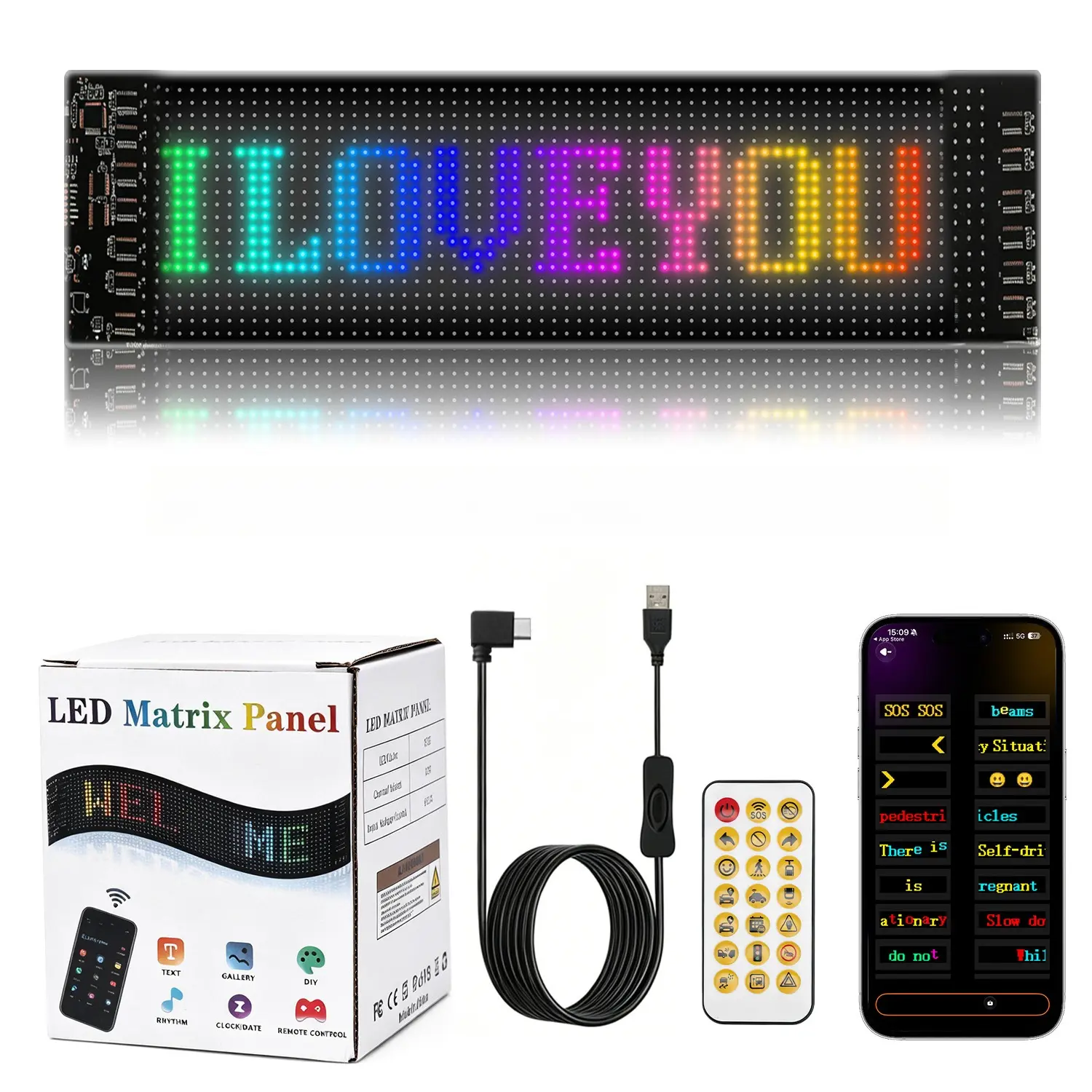 Flexible LED Matrix Panel for Car, RGB Scrolling Text Display with Bluetooth APP & Remote Control, USB Powered Programmable Sign for Rear Window, Store, Party, DIY Animation