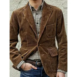 Brown Corduroy Relaxed Fit Blazer - Men's Casual Chic Solid Color Jacket with Pockets, Button-Up Collar, Machine Washable for Everyday Style