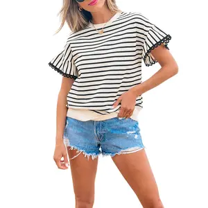 Mntaor Women's Black Classic Striped Top with Feminine Details ，Scalloped Lace Ruffles on Short Sleeves，Ideal for Street Style & Everyday Wear