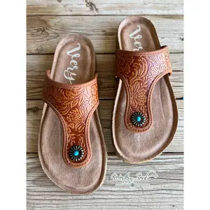 Western Tooled Print Sandal Rust