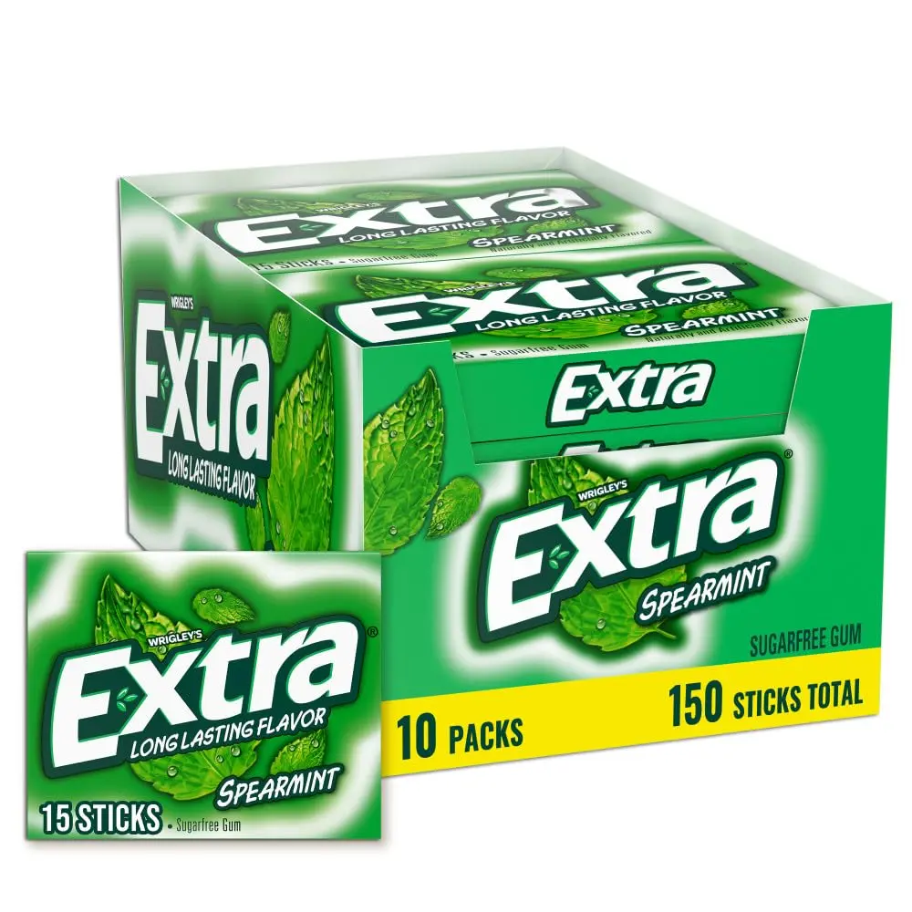 Spearmint Sugarfree Gum Bulk, Individually Wrapped, Perfect for Long Lasting Fresh Breath at School, Work & Travel 15 Count, Pack of 10