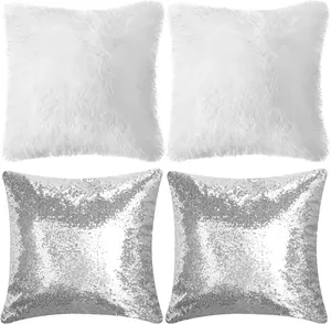 4 Pcs Sequin and Fluffy Pillow Cases Glitter Pillow Covers Faux Fur Throw Covers Decorative Cushion Case Home Decor 20"x20"