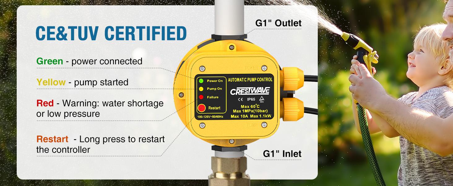 Smart Pressure Switch with Gauge for Well Pump, Automatic Water Pumps Switch, Dry-running Protection for Submersible/Shallow Well/Garden/Jet/Self-priming Pump, Power&Pump Cable Included, 110V-120V