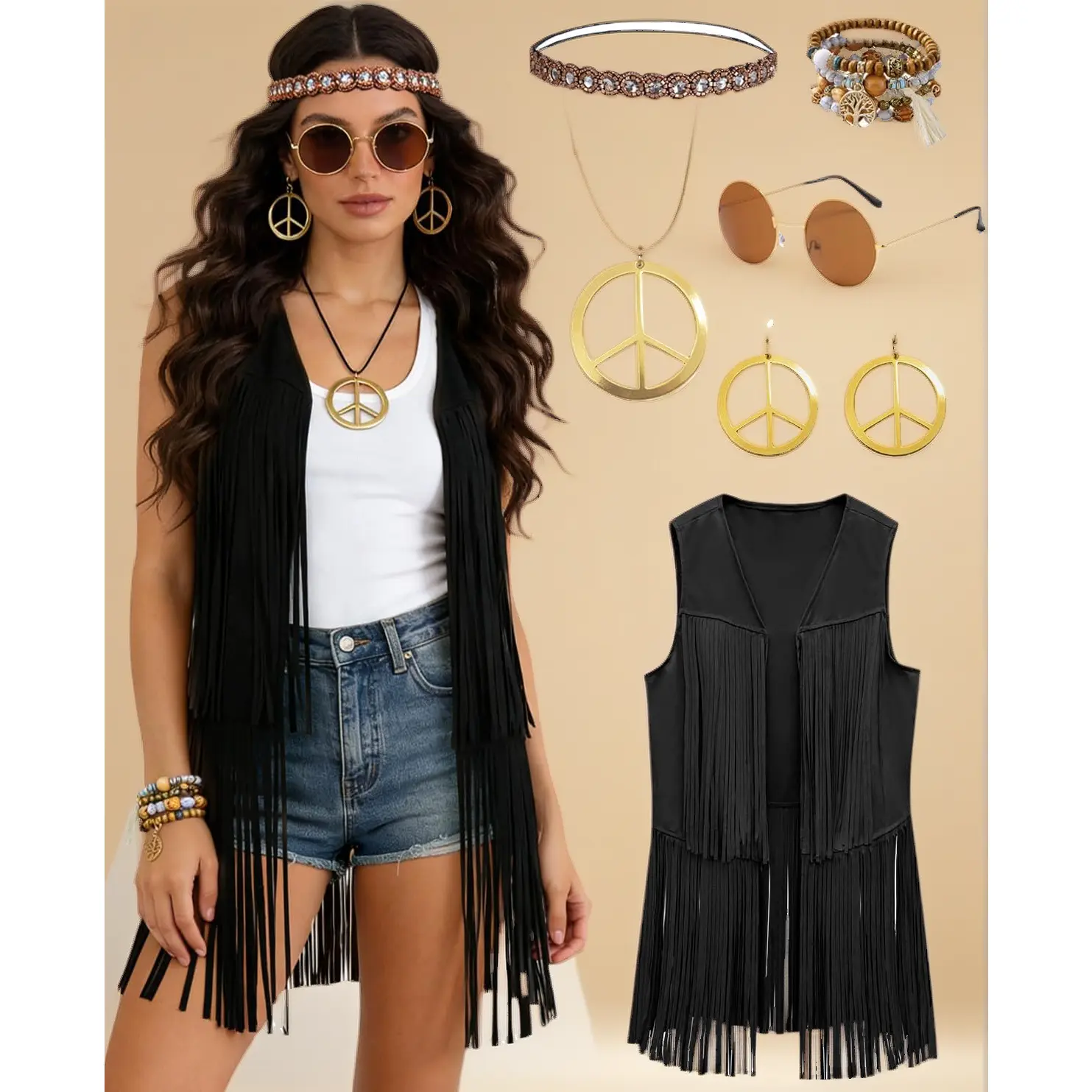 Women's Lady Hippie Costume Set, 60s-70s Fringe Vest, Boho Headband & Accessories for Halloween Retro Disco Themed Party