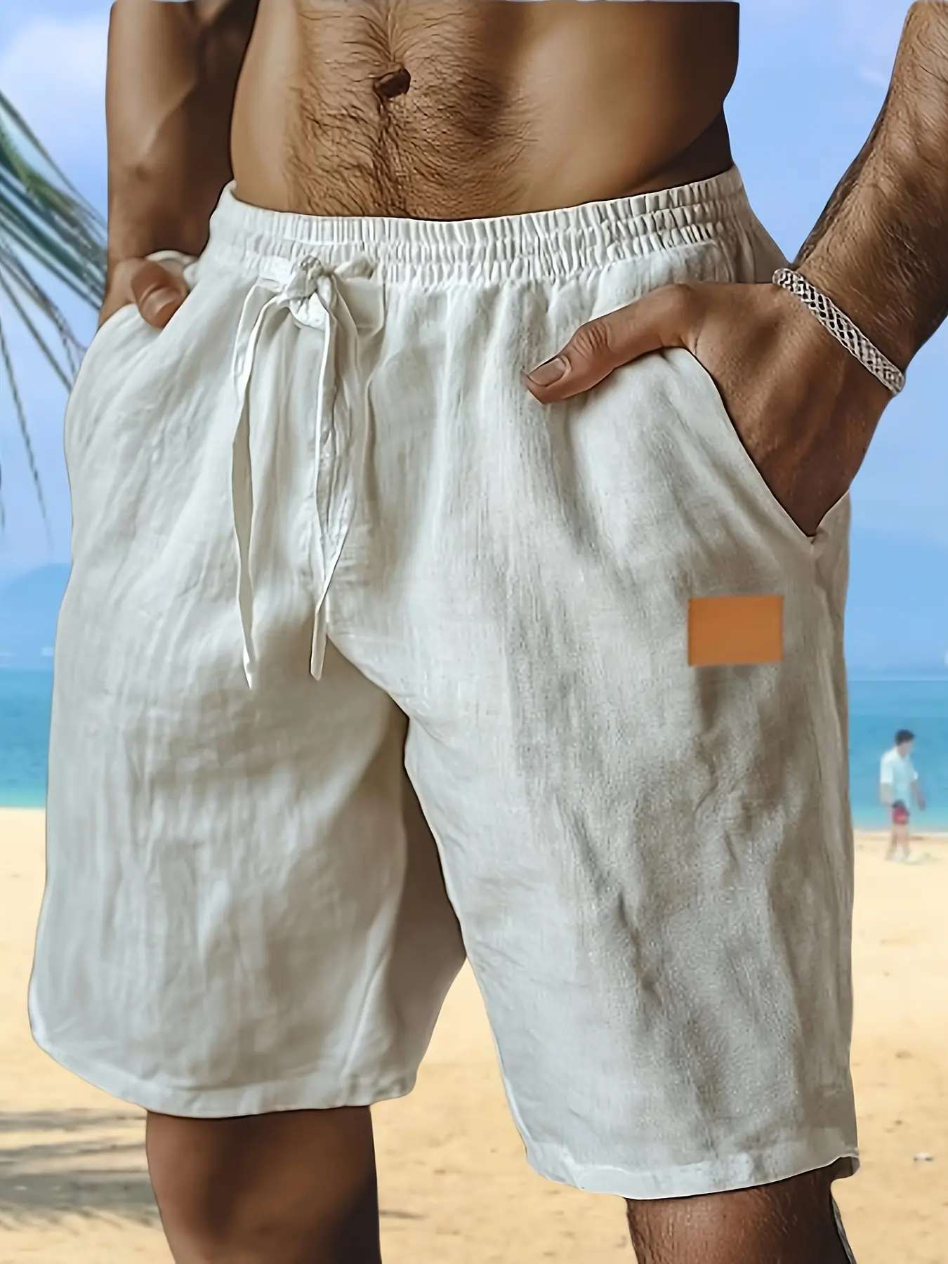 Summer cotton light beach shorts, cotton thin, rope design, elastic belt, solid color style, good air permeability, with pockets, suitable for daily beach and seaside wear, casual shorts, men's men's solid color