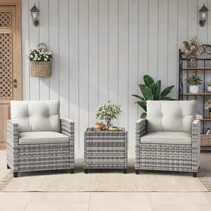 3 Pieces Patio Furniture Set, PE Rattan Patio Conversation Set with Tempered Glass Tabletop, Outdoor Wicker Chairs and Table Set for Patio Balcony Garden, Grey and Beige