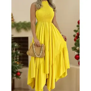 SYHAN 2026 Latest New European and American Style Women's Yellow Maxi Dress Sleeveless Elegant Wrap Design High Waist Puffy Mermaid Hem Solid Color French-Style Light Luxury Vacation Style VJ2713537 - Formal, Womenswear