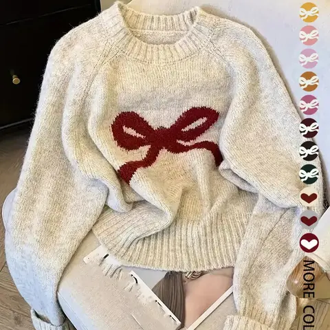 Women's Butterfly Knot Round Neck Long Sleeve Sweater, Fall & Winter Thick Knit Top, Sweet Casual Style Loose Fit, Elegant Cardigan for Valentine's Day, Womenswear, Knitwear, Twist