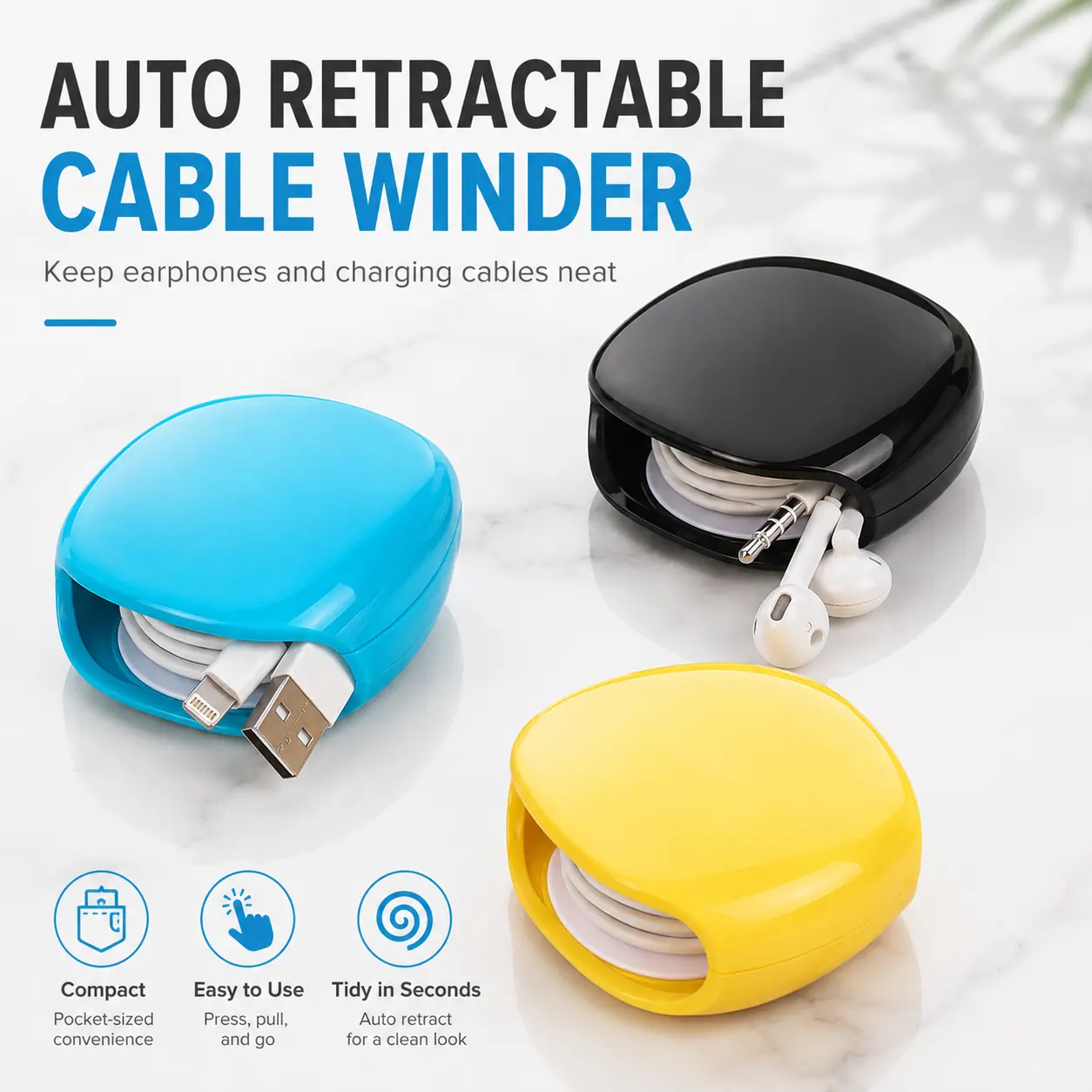 1PC Auto Retractable Cable Winder Organizer for Earphones & Charging Cords, Compact Portable Cord Storage Case