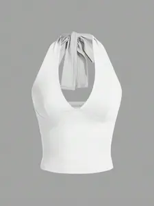 SHEIN EZwear Ladies' Solid Color Sleeveless Crop Top With Halter V-Neck Design For Summer