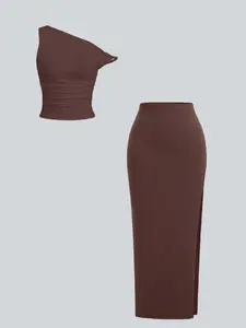 Two-Piece Set Women's Basic Solid Crop Tank Top & Side Split Skirt, Casual Sleeveless Top & Long Skirt for Beach Holiday Vacation, Ladies Summer Clothes Womenswear