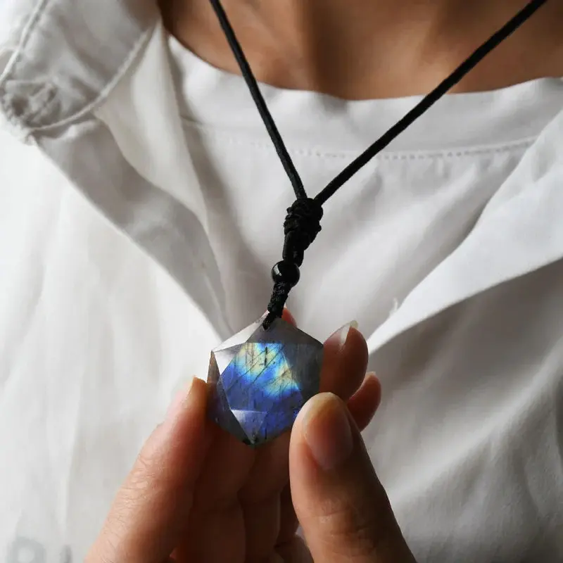 Crystal Gemstone Pendant  Natural Labradorite Hexagram Pendant Cord Necklace, Healing Protection Balance Calming Women Men Adjustable Necklace