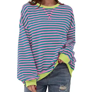Women Oversized Striped Color Block Long Sleeve Crewneck Casual Sweatshirt Loose Fitting Pullover Y2K Top Shirt