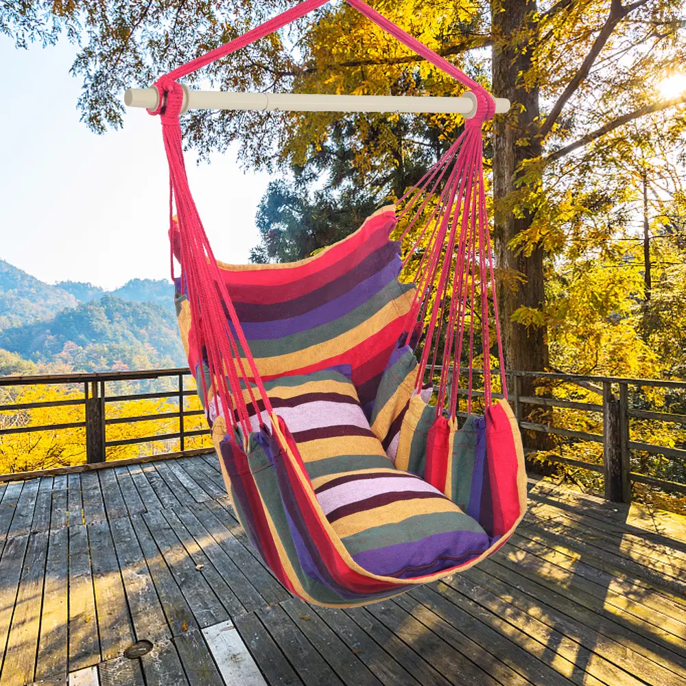 35.4" Hanging Hammock Chair with 2 Pillows Canvas Swing Chair with Wooden Spreader Bar for Indoor Outdoor Bedroom Patio Garden Yard