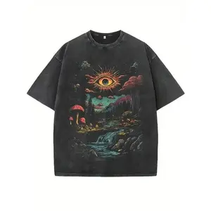 Women's Unisex Vintage Patterned Cotton T-Shirt - Soft, Breathable, Loose Oversized Top with Surreal Fantasy Eye Designs (Swamp Eyeballs, Pine Tree Eyes), Dark Black Streetwear for Everyday Casual Wear, Themed Parties, Bohemian Style