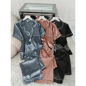 3 Sets Women's Solid Satin Casual Pajama Set, Short Sleeve Buttons Lapel Top & Pants, Comfortable Relaxed Fit