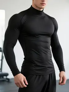 Men's Quick-Dry Stretch Fitness Shirt - High Neck Long Sleeve Workout Top, Moisture-Wicking Tight-Fit Gym & Boxing Shirt with Stretchy Fabric for All Seasons, Athletic Performance Apparel, Sporty Activewear Top, Gym Clothes