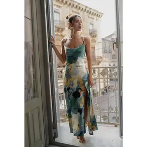 Natalia Blue and Gold Watercolor Maxi Dress Elegant Womenswear